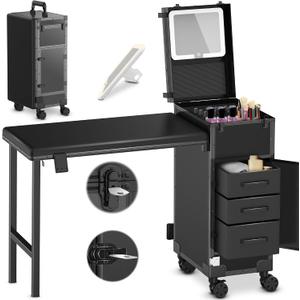 EASYINBEAUTY Rolling Portable Manicure Table with 3 Storage Drawers & Mirror, Lockable Makeup Train Case with Foldable Nail Desk- Cosmetic Travel Case for Mobile Nail Tech & Beauty Salon (Black), Large, 45.5x39x78 cm