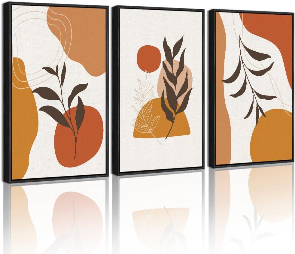 KUVIOKE Orange Boho Framed Wall Art Botanical Mid Century Modern Painting Neutral Bohemain Sage Decor for Farmhouse Living Dining Room 11x14in (Black Framed) (14L" x 11W" x 3 Panels Black)