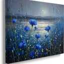 Vibrant Blue Cornflowers Moonlit Lake Landscape Canvas Wall Art - Contemporary Nature Home Decor for Living Room & Bedroom Office - HD Waterproof Stretched Framed Art Print Ready to Hang 16x24 Inches