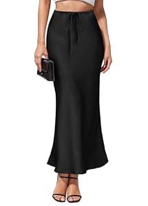 Women's Maxi Skirts Satin Drawstring High Waisted Silk Elegant Flowy Casual A-Line Long Skirt for Women Black M