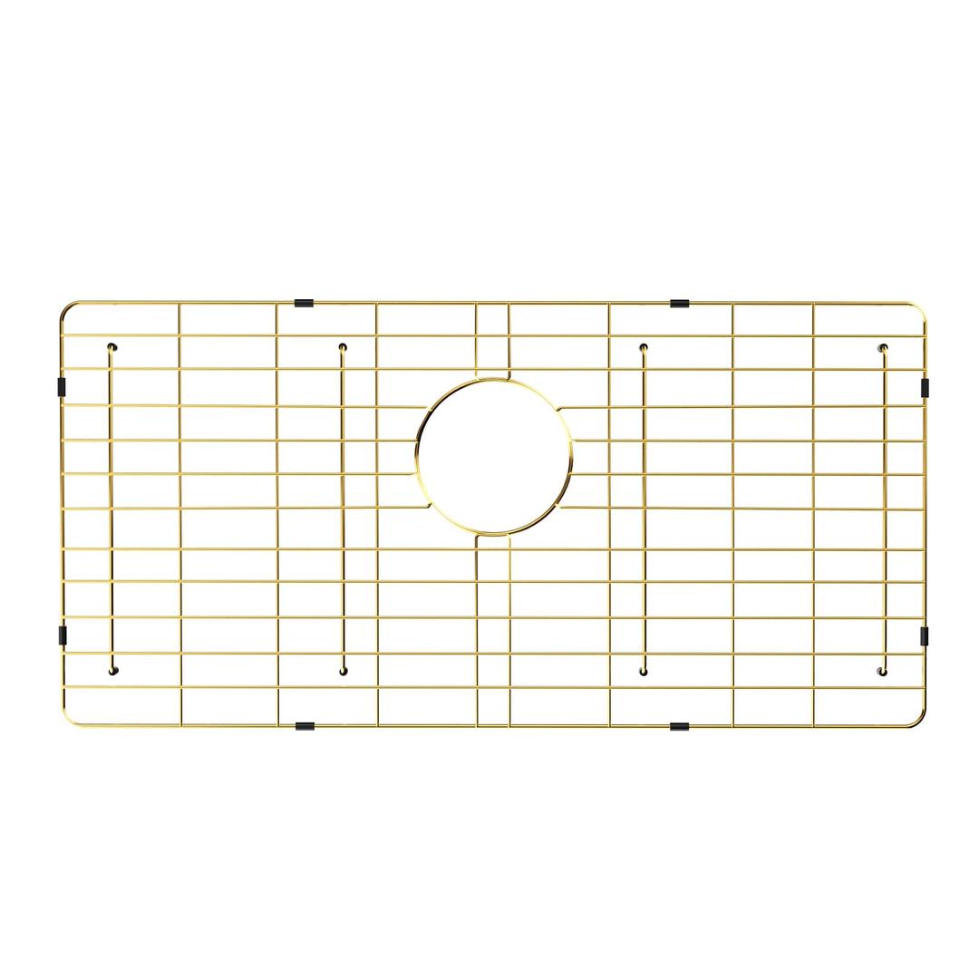 POPFLY 304 Stainless Steel Gold Kitchen Sink Grid Protector, 28-3/8" × 14-3/16" Sink Bottom Grate with Rear Drain for Single Bowl Kitchen Sinks, Scratch & Noise Protection, PF602915UWG-G126