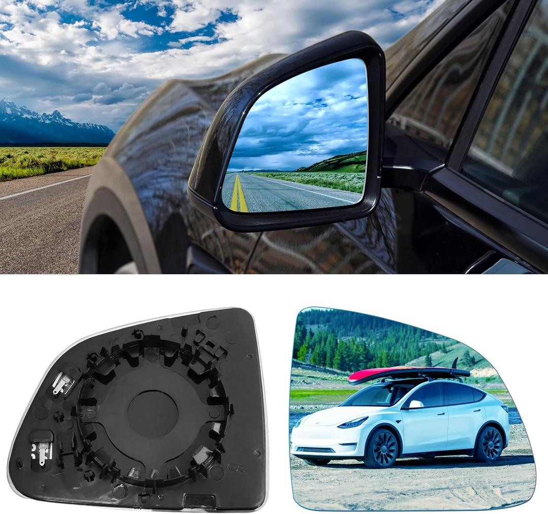 Jaronx Compatible with Tesla Model Y Side Mirror Glass Replacement 2PCS, Wide Angle Heat Defogging Blue Door Rear View Mirror Glass Lens for Model Y 2020-2024 (Driver+Passenger Side)
