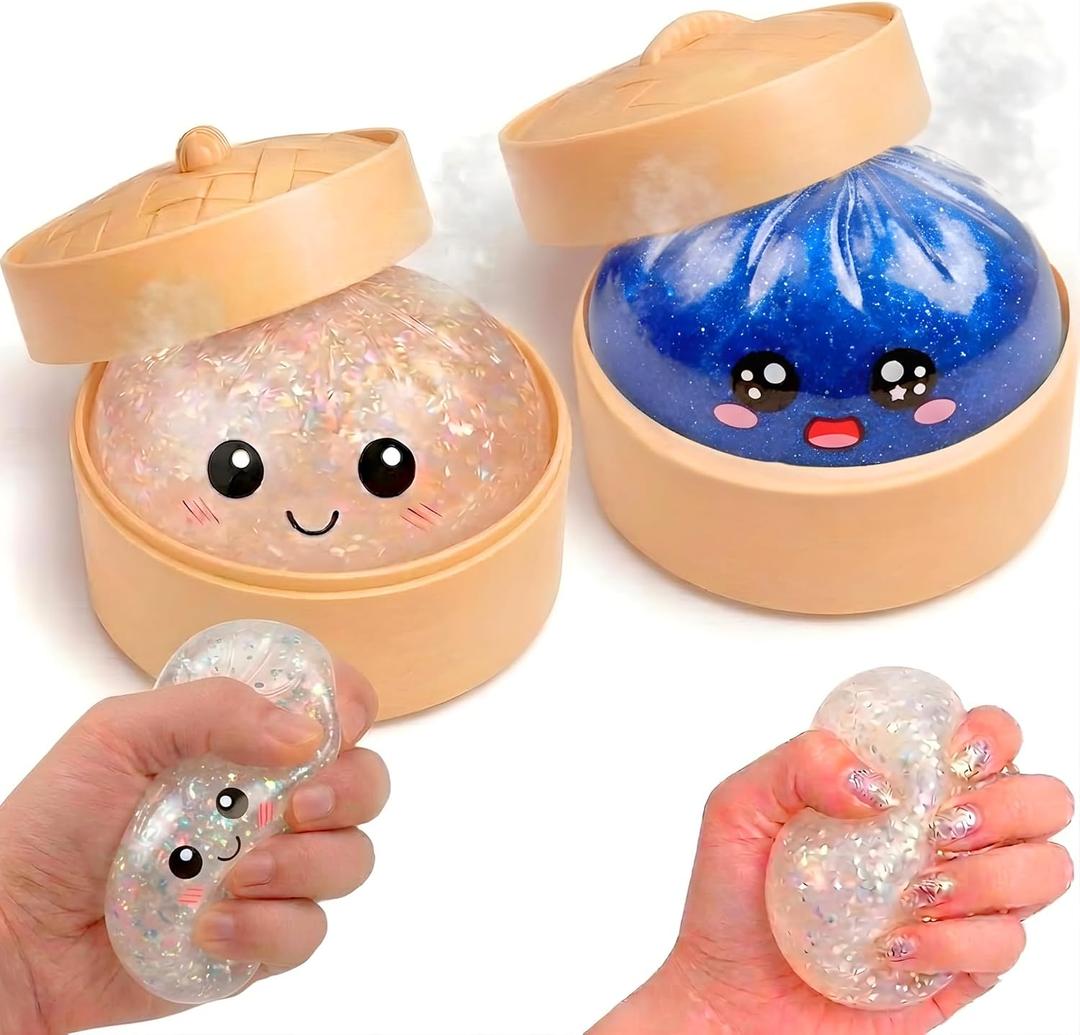 Lemoneon Glitter Dumpling Squishy Mystery Box 2 Pcs - 2026 Upgraded Dumplings Squishes for Adults Teens Squeeze Easter Basket Stuffers & Stocking Stuff Smiling White and Sad Blue