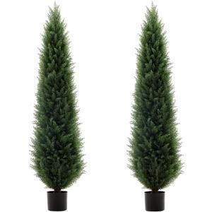 5 ft Artificial Cedar Topiary Trees, 2 Pack UV Resistant Faux Outdoor Plants, Front Door Cypress Tree Decor Outdoor Entrance, Tall Fake Outside Plants, Evergreen Arborvitae Plastic Indoor Plant