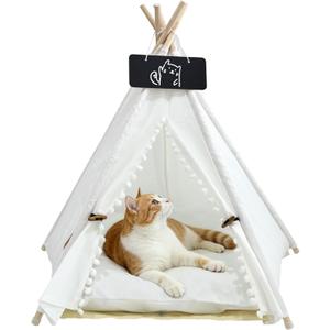 Pet Teepee, Portable Pet Tents for Small Dogs or Cats, Puppy Sweet Bed Washable Dog or Cat Houses with Cushion-White Flower Buds-M