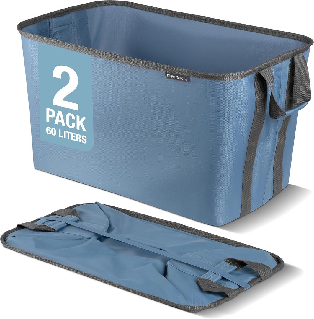 CleverMade Collapsible Laundry Basket 2 Pack  60L (16 Gal) Foldable Clothes Hamper with Reinforced Handles, Space Saving Fabric Laundry Bin, Holds 55 lbs, Flat Folding for Dorm, Apartment & RV - Denim