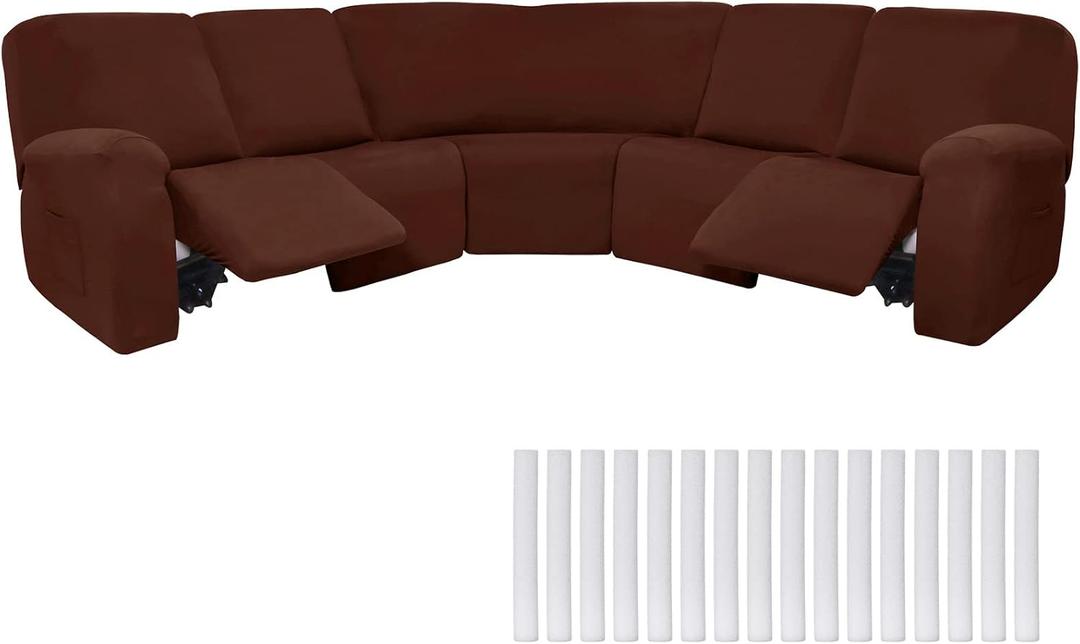 Peryiter 7 Pcs L Shape Sectional Recliner Sofa Covers 5 Seat Sectional Couch Covers Milk Silk Velvet Stretch Reclining Sofa Slipcover Furniture Protector for Living Room(Coffee Brown,Milk Silk)