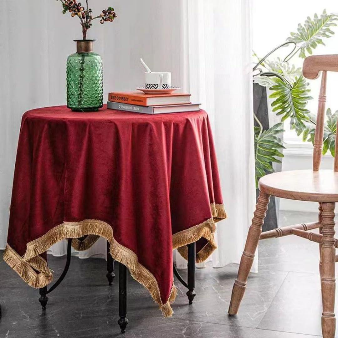 Velvet Tablecloth Luxurious Red Rectangle Table Tablecloth Thickset with Luxurious Gold Tassels Table Cloth for Home Decor Christmas Wedding, Party, Banquet and Events 55X55inch (60" x 60" (Rectangular))