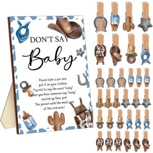 Unittype 51 Pcs Don't Say Baby Shower Game Favors Include Western Cowboy Baby Shower Sign and 50 Mini Cowboy Clothespins for Boys Girls Gender Reveal Party Decoration Supplies