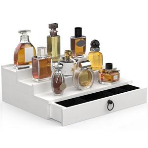 upcessory Cologne Organizer for Men 3 Tier Wood Perfume Organizer Cologne Stand with Drawer and Hidden Compartment Perfume Display Holder (White)