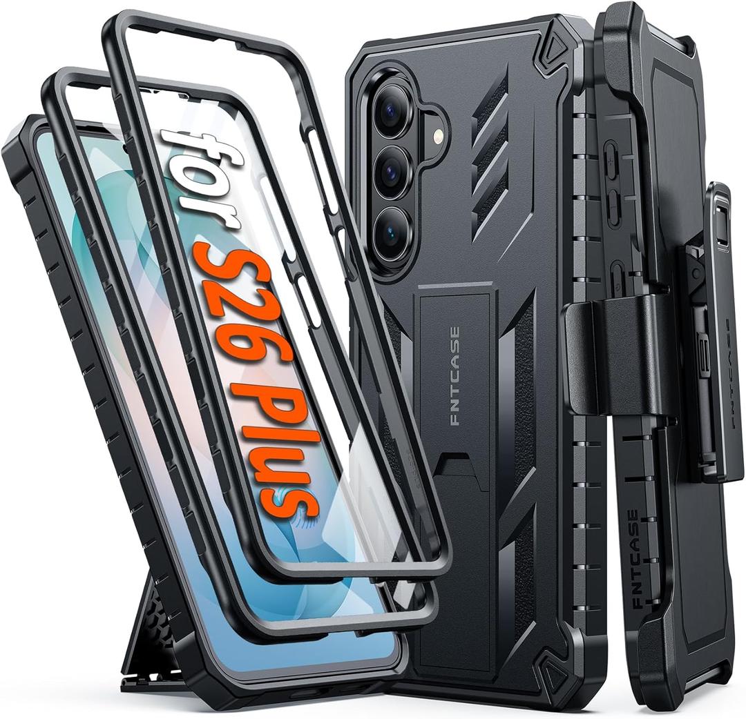 FNTCASE for Samsung Galaxy S26+ Plus Case: with Belt-Clip Holster | Kickstand | 2 Front Frames | Built-in Screen Protector Military Grade Protection Rugged Protective Case for S26 Plus 6.7 inch Black
