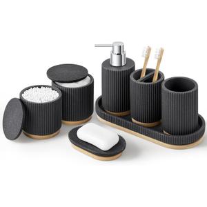 7PCS Bathroom Accessories Set, with Soap Dispenser, Q-tip Holder, Toothbrush Holder, Tumbler, Soap Dish, Vanity Tray, Bathroom Set Complete Organizer Countertop for Modern Decor, Black