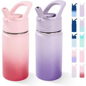 Fijinhom 12oz Water Bottle for School, Bottles with Straws, Stainless Steel Vacuum Insulated Water Bottle, Leak-Proof, BPA-Free, Cherry + Lavender