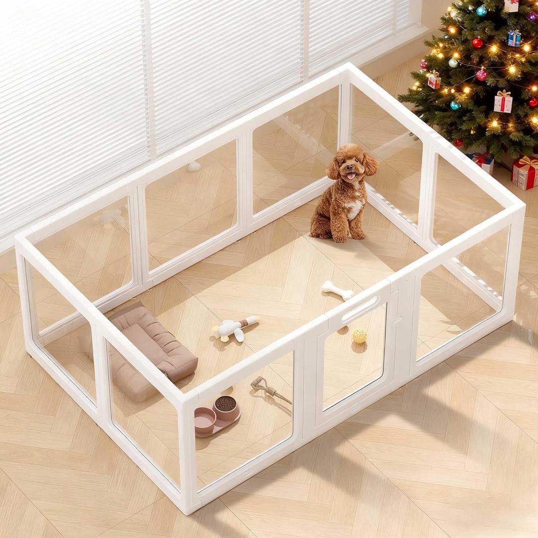 Clear Acrylic Dog Playpen Indoor, Puppy Cat Small Pet Play Pen, Pet Cat Playpen for Rabbits, Dog Fence Crate Kennel Whelping Cage (White, 10 Panel)