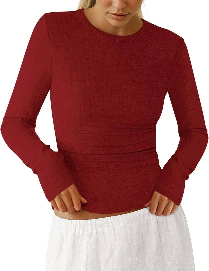 PRETTYGARDEN Womens Long Sleeve Shirts 2026 Ribbed Knit Slim Fitted Basic Tee Casual Going Out Tops Underscrubs Fall Clothing (M)