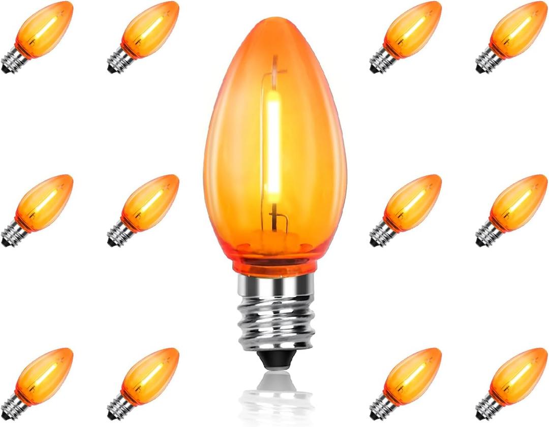 2 x C7 LED Light Bulbs, 12 Pack Halloween Orange Outdoor String Lights Replacement Bulbs, 0.6W E12 Candelabra Base for Patio, Halloween & Christmas Party Decor