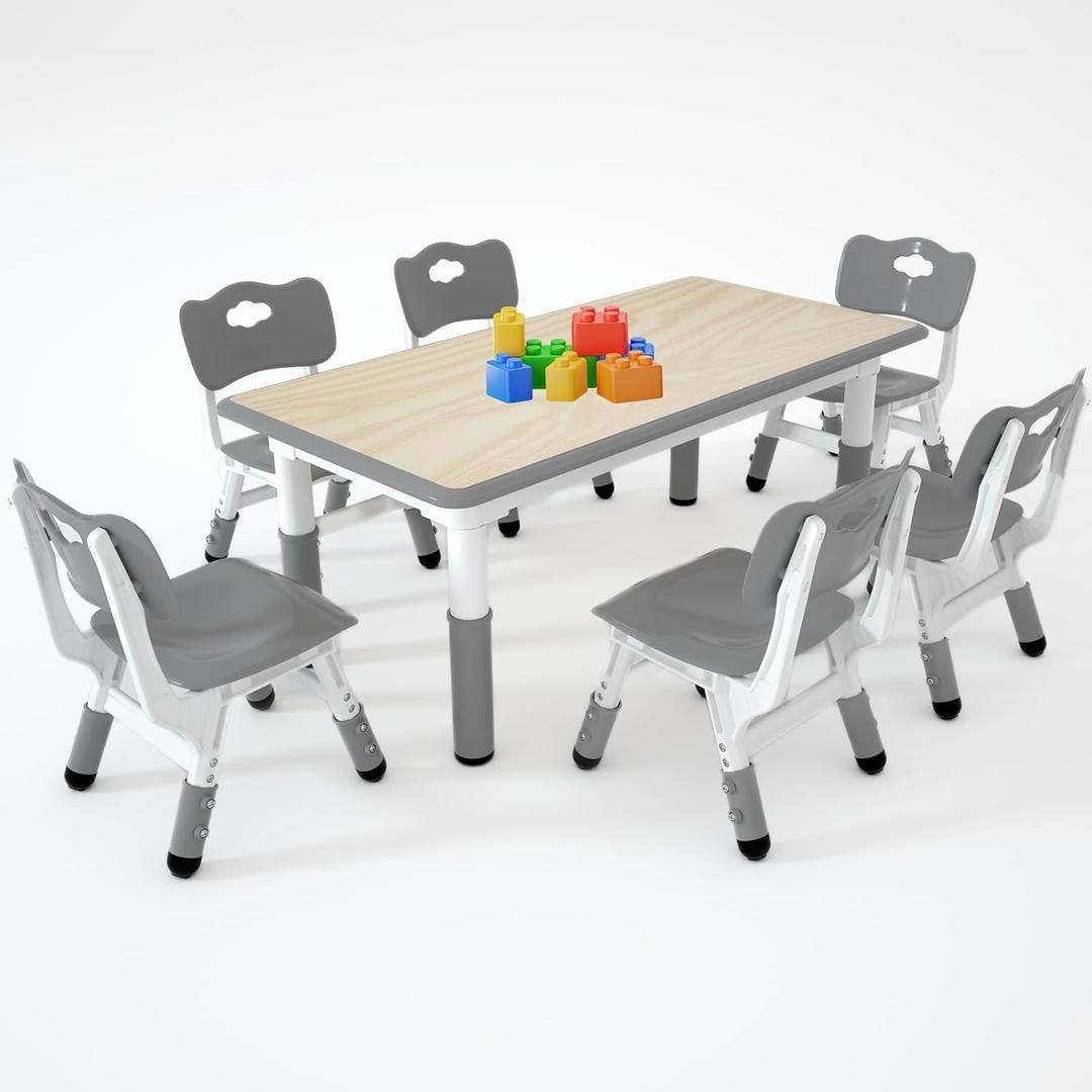 Kids Study Table and 6 Chairs Set,Height Adjustable Table and Chairs for Children and Toddlers,47.2"X23.6"Graffiti Desktop,Suitable for Daycare,Classrooms, Home (Grey)