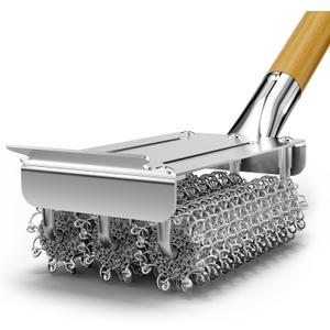 HOUSE AGAIN Grill Brush Bristle Free, 304 Stainless Steel Food-Grade Brush Head with Scraper, Safe BBQ Outdoor Grill Cleaning Brush Strong Barbecue Brush Cleaner Non Wire for Grill Grate/Wooden Handle