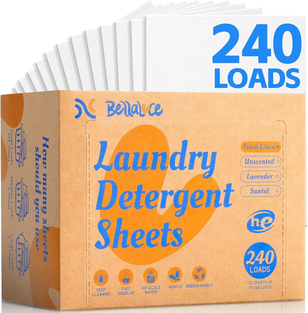 BellaLuce Laundry Detergent Sheets - Laundry Sheets, 240 Loads, Eco-Friendly, Plastic-Free, Fresh Linen Scent, Space Saving, Fast Dissolve & Hypoallergenic, Laundry Detergent for Home,Dorms,Essentials (240 Count (Pack of 1)