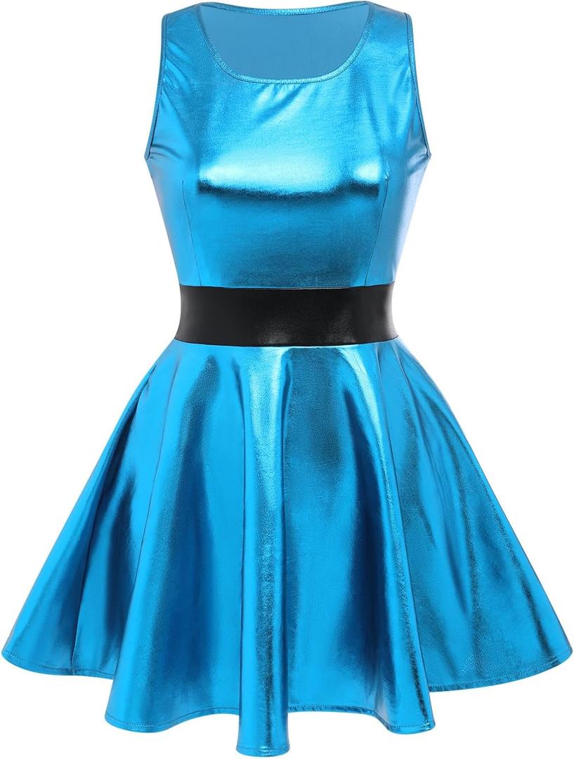 Womens Metallic Sleeveless 70s Skater Dress Club Party Disco Dance Holographic Dresses Halloween Rave Costume Clubwear (Large, Blue)