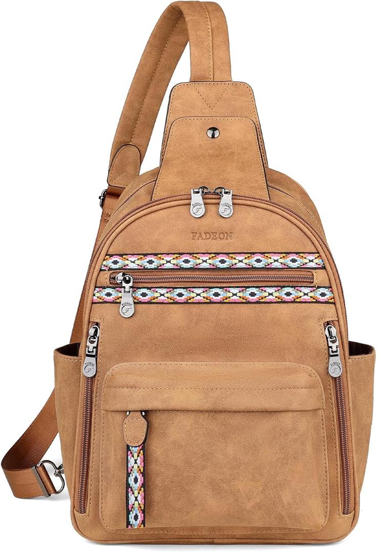 FADEON Large Sling Bag for Women, Leather Crossbody Purse Designer Anti Theft Sling Backpack, RFID Fanny Packs for Travel (Camel Brown Nubuck Style)