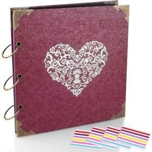 Photo Album and DIY Scrapbook, 10x10 inch 50 Pages Double Sided, Vintage Hardcover Three-Ring Binder Picture Booth Albums with 6 Colors 408pcs Self Adhesive Photos Corners for Memory Keep (Red)