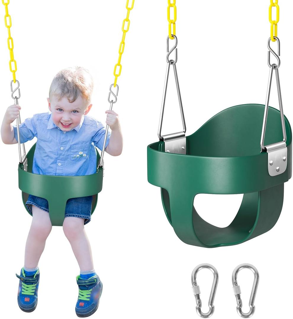DECORLIFE Toddler Swing, Baby Swing Outdoor High Back Full Bucket Swing Set, 330lb Capacity, Safety Design, Plastic-Coated Chains and Quick-Snap Carabiners for Backyard, Playground (Green)