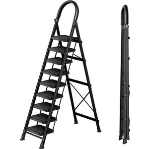 9 Step Folding Ladder,Heavy - Duty Step Stool with Anti - Slip Pedal and Handrails, 330lbs Portable Sturdy Carbon Steel Ladder for Home & Kitchen Use,Black