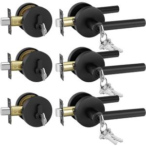 Goldenwarm Exterior Deadbolt and Keyed Entry Door Handle Set, Heavy Duty Zinc Alloy Black Door Lever, Key Entry Front Matte Black Door Handle with Lock and Key(3 Pack)