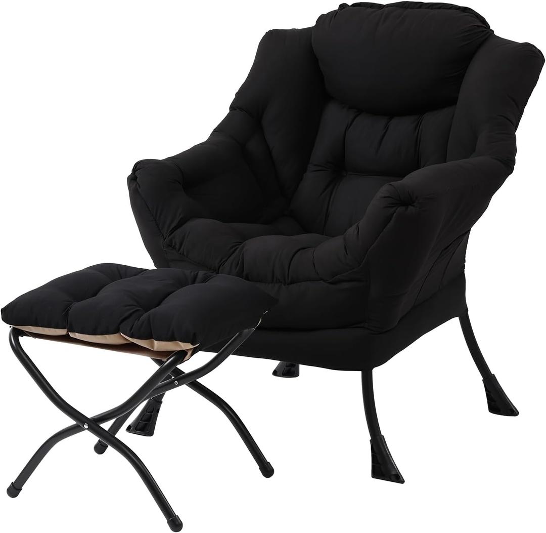 Lazy Chair with Folding Ottoman, Modern Accent Lounge Armchair with Armrests and a Side Pocket & Foldable Footstool, Leisure Reading Chair for Living Room, Bedroom, Dorm & Office, Black