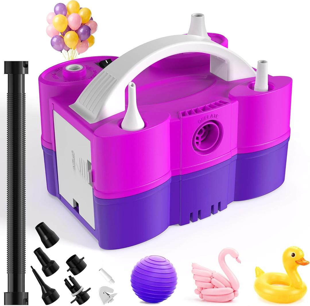 Balloon Pump Electric, 3-in-1 Portable Air Pump for Balloons and Inflatables, Fast Inflator Deflator for Pool Floats, Air Mattress, Birthday Party Decorations (Purple Blue)