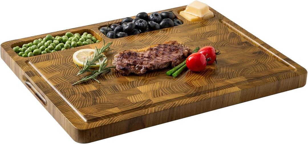 Teak Wood Cutting Boards for Kitchen, Large Charcuterie Board with Handle, 1" Thick Butcher Block, End Grain Cutting Board, Reversible Wooden Chopping Board for Meal Prep & Serving, 17"13"