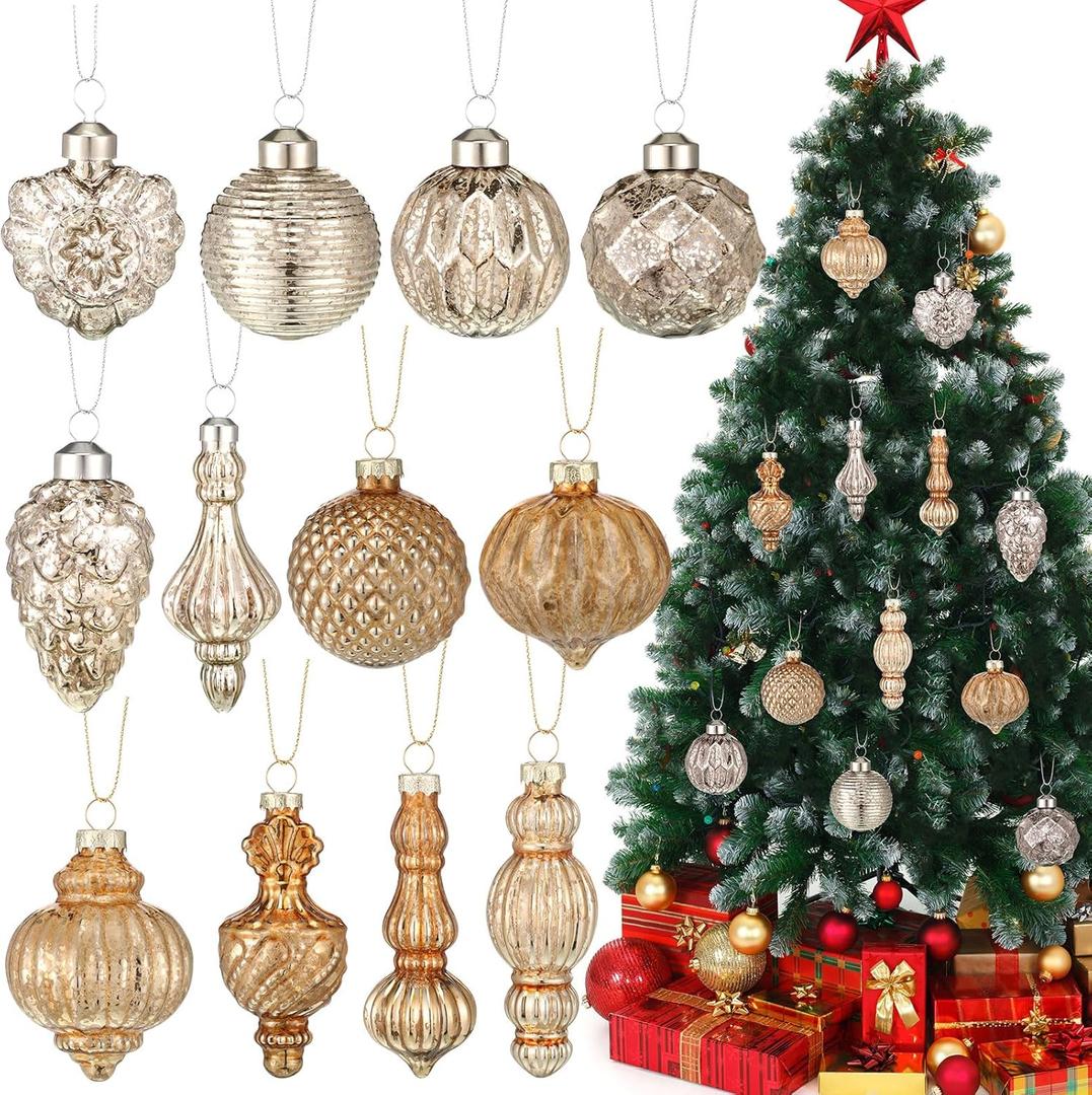 Soaoo 12 Pcs Mercury Glass Christmas Ornaments Drop Glass Christmas Ornaments Party Hanging Christmas Finials for Xmas Holiday Wedding Home Indoor Decorations