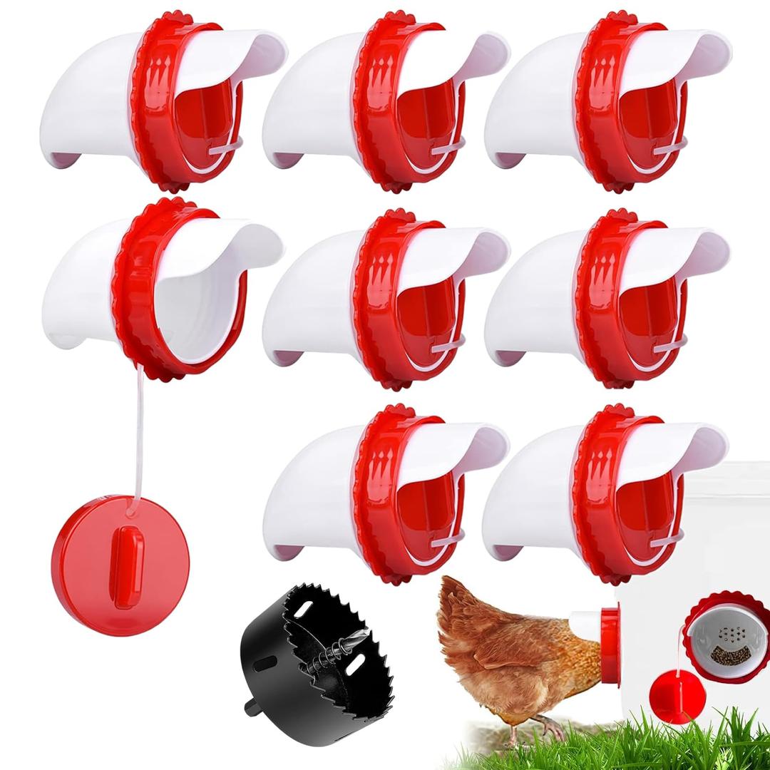 Chicken Feeder Port Kit –8 Pack Automatic Poultry Feeder Cups for Buckets & Bins, No Waste Rainproof DIY Chicken Feeders for Hens, Ducks & Other Poultry
