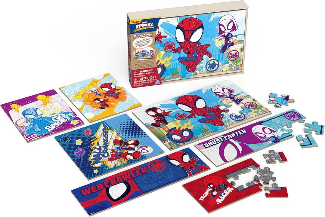 Spin Master Games, Marvel Spidey and His Amazing Friends Puzzles 7-Pack, Jigsaw Kids Puzzles with Sliding Wood Storage Box, Spiderman Toys, for Kids Ages 4 & Up