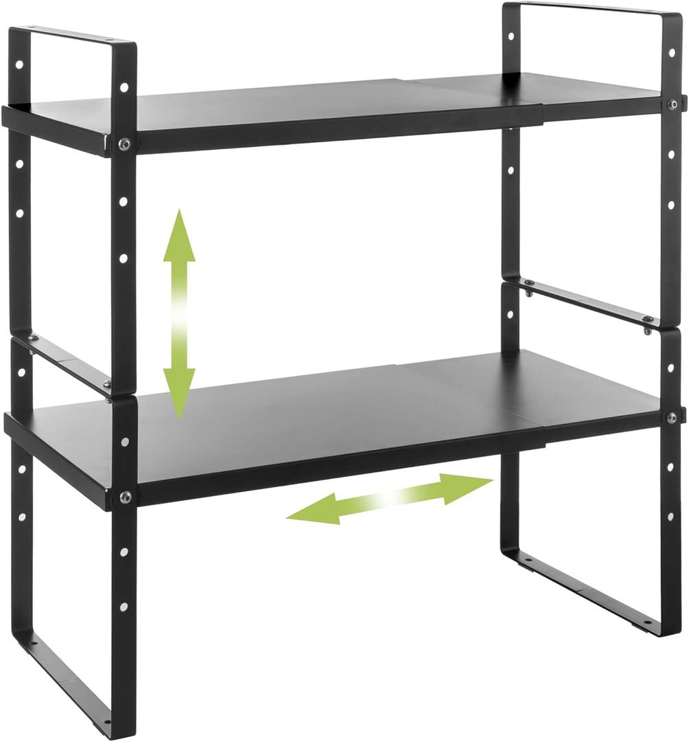 Expandable Cabinet Shelf Organizer Rack, Stackable Kitchen Countertop Organizer Storage Shelves, Adjustable Height Pantry Counter Shelf Riser Spice Rack (Black, 2 Pack) (8.7''D*15.7-25.6''W*9.8''H)