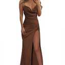 MildApril Women's Spaghetti Strap Satin Bridesmaid Dresses Lace Up Back Long Mermaid Formal Dress with Slit Chocolate, Medium