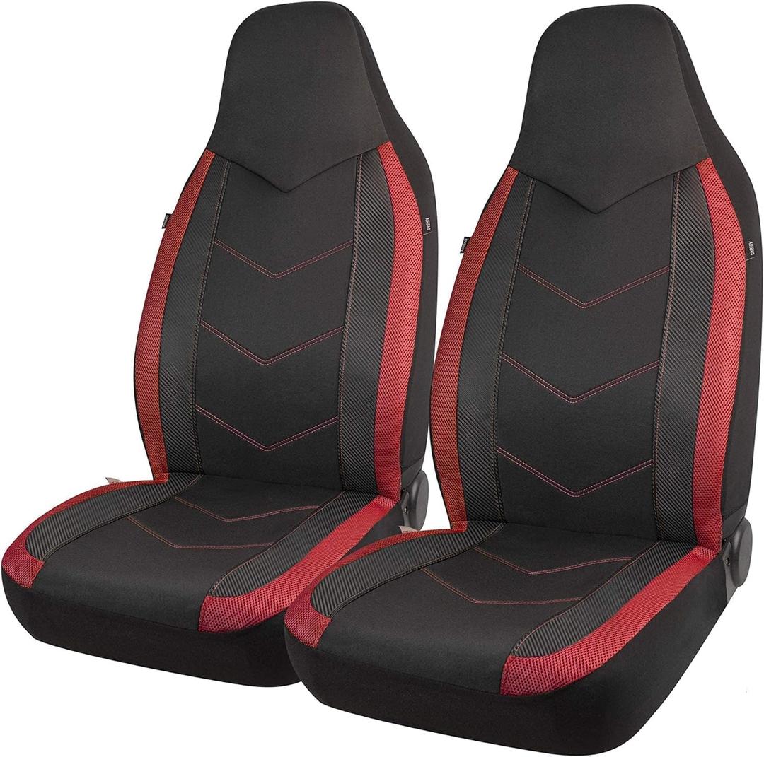 PIC AUTO Car Seat Covers - High Back Front Seat Covers, Sports Carbon Fiber Mesh Design, Universal Fit, Airbag Compatible (Red)