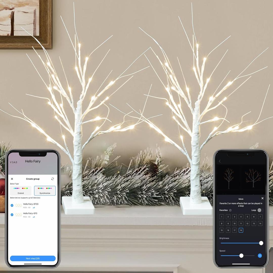 Smart Christmas Decorations Indoor, 2 FT Birch Tree with LED Lights, App Control, 18 Modes, Fairy Light Spirit Tree for Christmas Decor, Warm White Lighted Birch Trees for Home Decor Music Sync 2 Pack