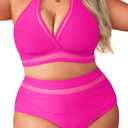 Tempt Me Women Plus Size Bikini High Waisted Swimsuits Mesh Tummy Control Two Piece Bathing Suit, Hot Pink, 18 Plus