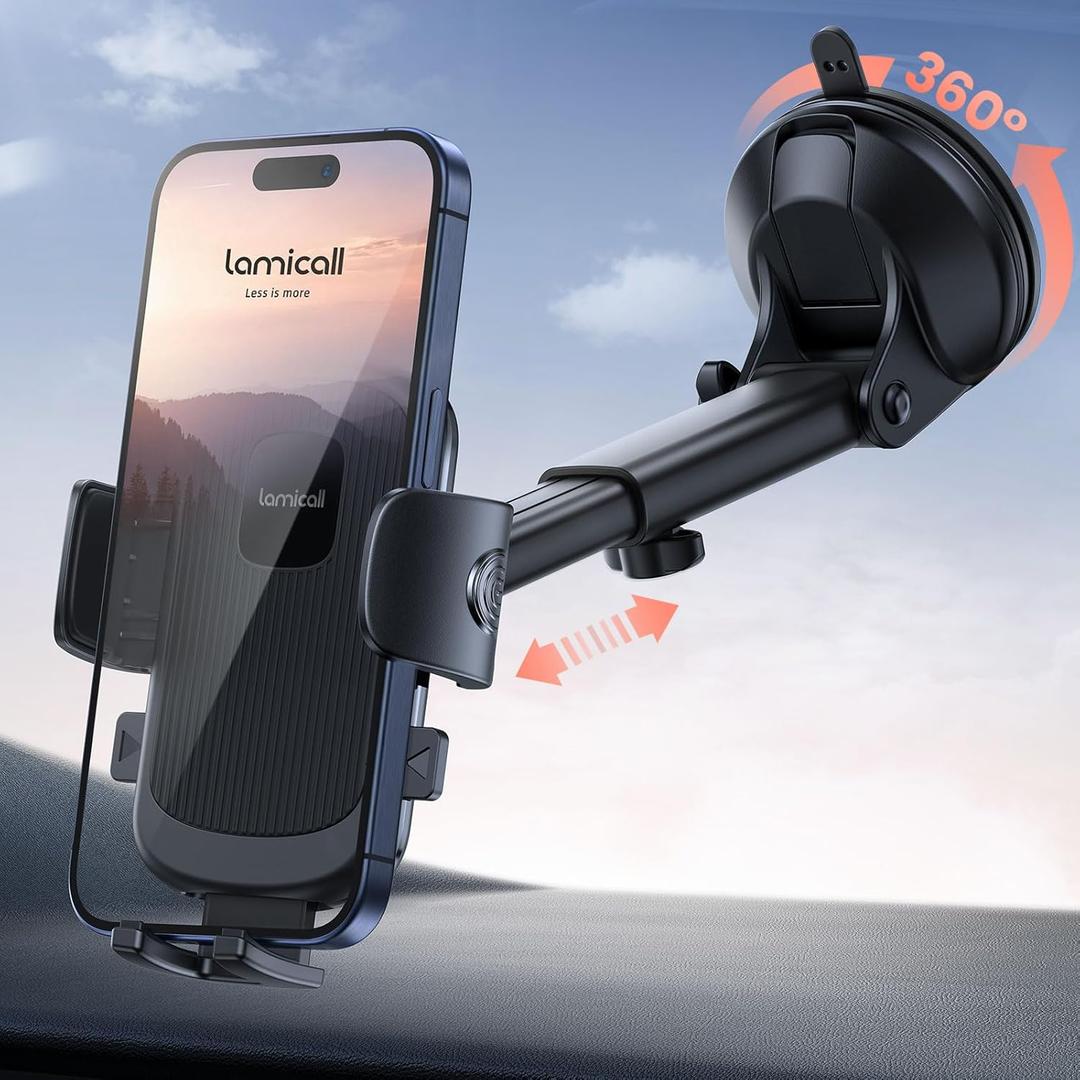 Lamicall Car Phone Holder - [Strongest Military-Grade Suction Cup] 360 Rotation Phone Holders for Your Car Quick Release Adjustable Car Phone Mount Dashboard for iPhone 16 Galaxy Smartphone Truck (Black)