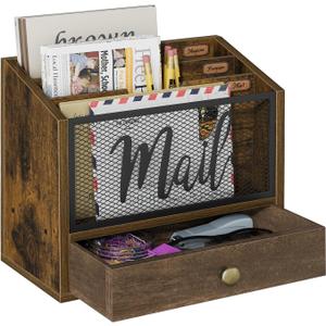 YINMIT Mail Organizer Countertop with 3 Compartments and Drawer, Mail Holder Sorter for Desk, Mail Organizer Wall Mounted, Countertop Desk Office Accessories Organizer for File Paper Folder (Brown - Style A)