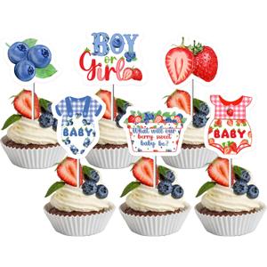 JOYMEMO 36Pcs Strawberry and Blueberry Gender Reveal Cupcake Toppers, What Will Our Berry Sweet Baby Be Cupcake Picks Boy or Girl Gender Reveal Decor, Fruit Baby Shower Berry He or She Decorations
