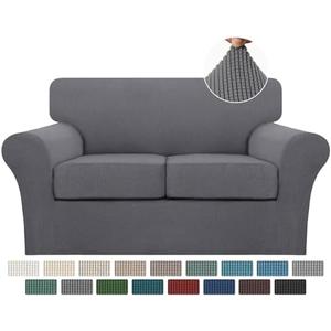Turquoize 3 Piece Sofa Covers for 2 Cushion Couch Sofa Slipcover Soft Couch Cover for Dogs-Washable Sofa Furniture Covers with 2 Individual Cushion Covers, Thick Jacquard Fabric (Loveseat, Gray)