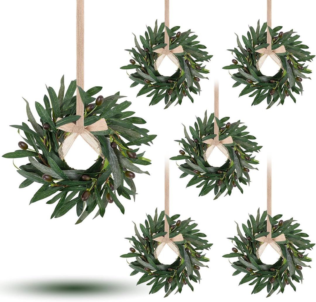 6 Pcs Artificial Green Olive Wreaths Greenery Wreath with Olive Leaves Mini Green Kitchen Cabinet Wreaths Swag Spring Summer Wreath for Front Door Porch Wall Window Farmhouse Wedding Decoration