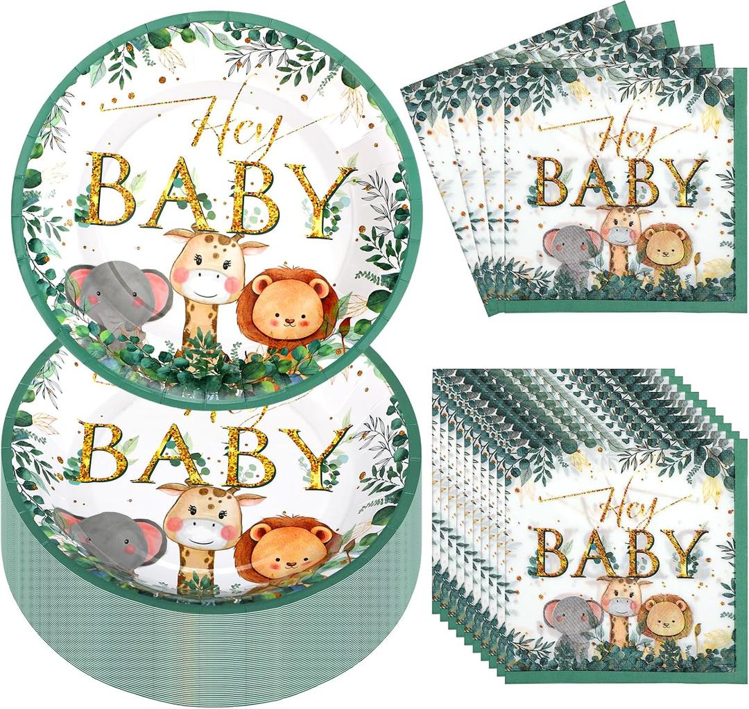 Umigy 100 Pcs Baby Shower Decorations Set for 50 Guests Baby Shower Paper Plates and Napkins for Gender Reveal Disposable Utensils Tableware Birthday Party Supplies(Safari Animals)