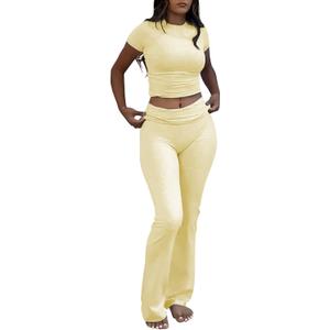 Women's 2 Piece Lounge Outfits Slim Short Sleeve Tops Low Rise Flare Leggings Sets Yoga Sweatsuit (Morning Gold), Small
