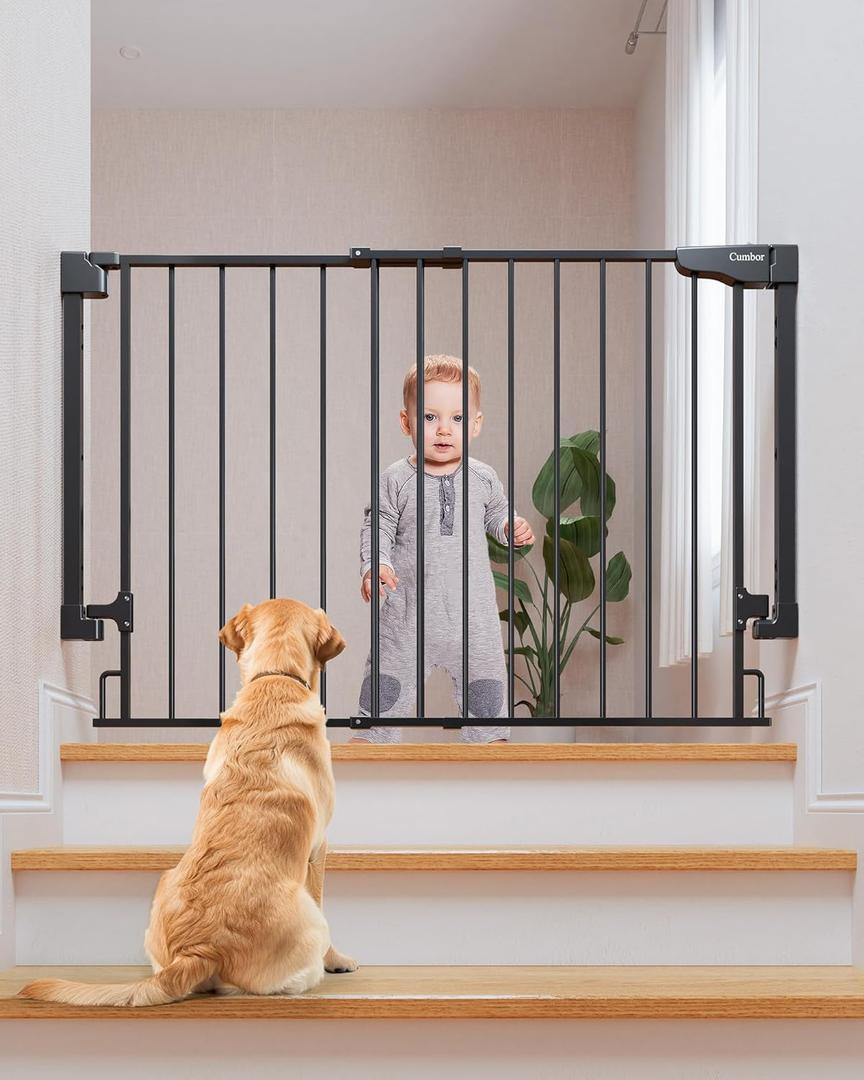 Cumbor 29.2-43" Baby Gate for Stairs, Wall-Mounted (Drill Required), Expandable No Bottom Bar Dog Gate, Auto Close Extra Wide Walk Thru, Pet & Toddler Proof Gate, Top & Bottom of Stairways(Black)