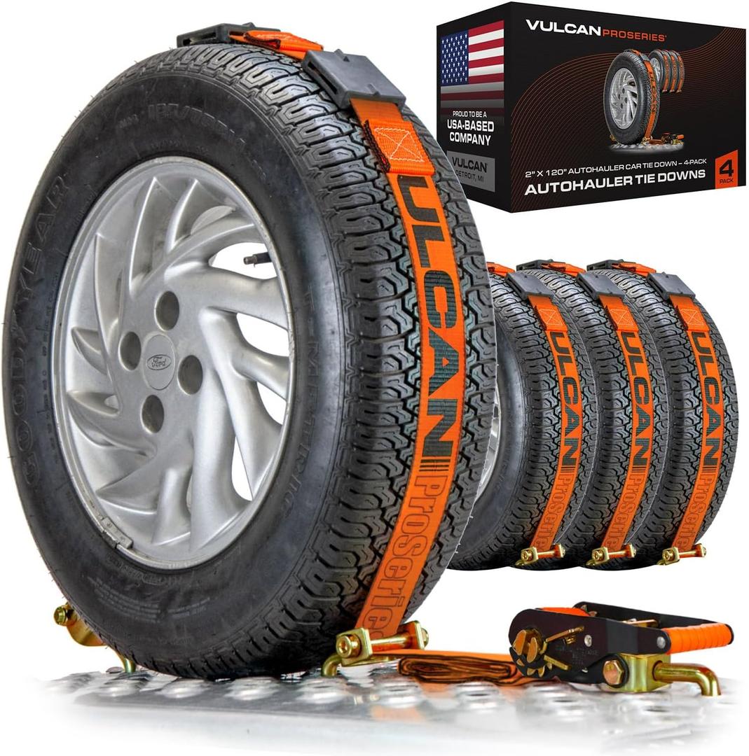 VULCAN Autohauler Car Tie Down - Rolling Idler 3-Cleat - 120 Inch - 4 Pack - PROSeries - 3,300 Pound Safe Working Load