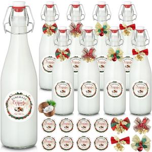 DoubleFill 8 Set Christmas Coquito Swing Top Glass Bottles 16 oz for Vanilla Extract Homemade Clear Flip Top Bottles with Airtight Cap Lids Labels for Home Brewing Coquito Beverages Liqueur(Round)